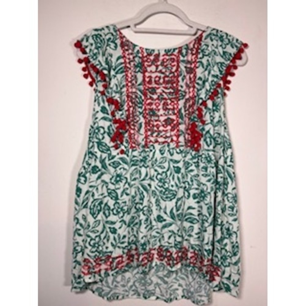 SAVANNA JANE Embroidered Floral Top Large Green Red Pom Pom Boho Peasant Blouse